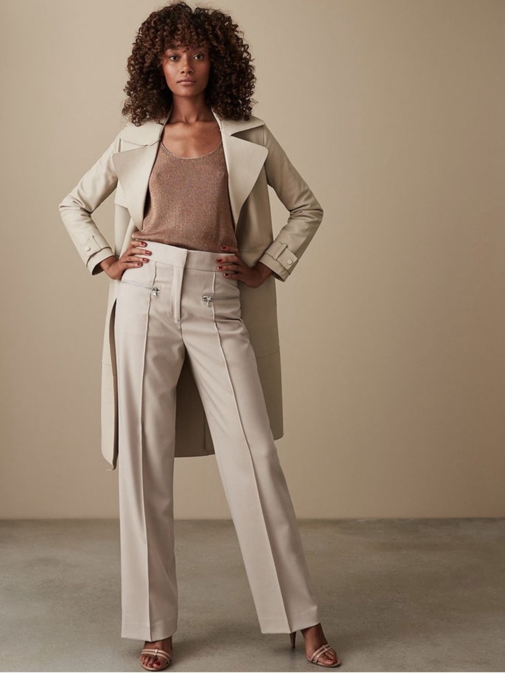 Reiss Miller Wide Leg Trousers wool blend pants neutral minimalist luxury sz 6